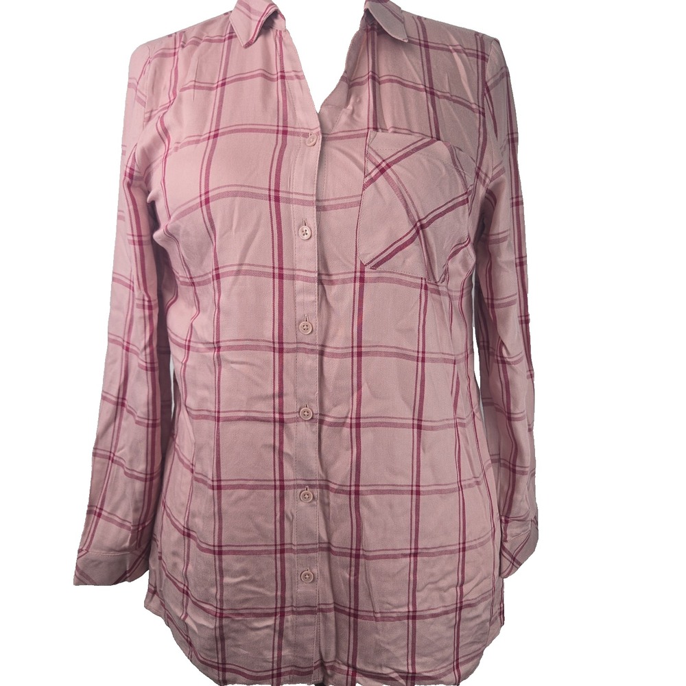 Chico's Size 1 Pink Checkered Woven Long Sleeve Button Up Top Blouse